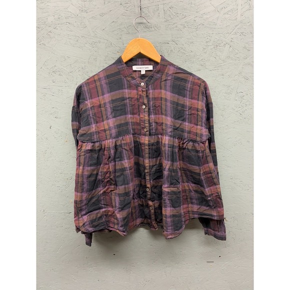 Elizabeth and James Plaid Button Down Top Women's Small Purple Black Cotton Boho - Picture 1 of 8